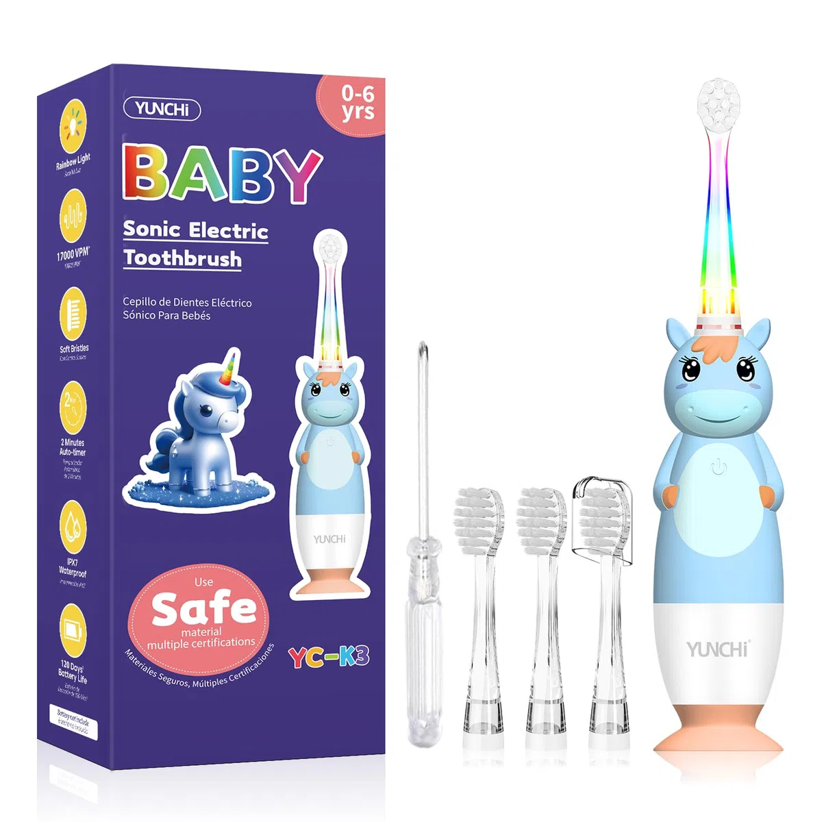 Brosse à dents électrique pour bébé 0-3-6 ans Brosse à dents pour tout-petits et enfants avec minuteur Lumière LED arc-en-ciel colorée 4 têtes souples Alimentée par piles pour filles, garçons et