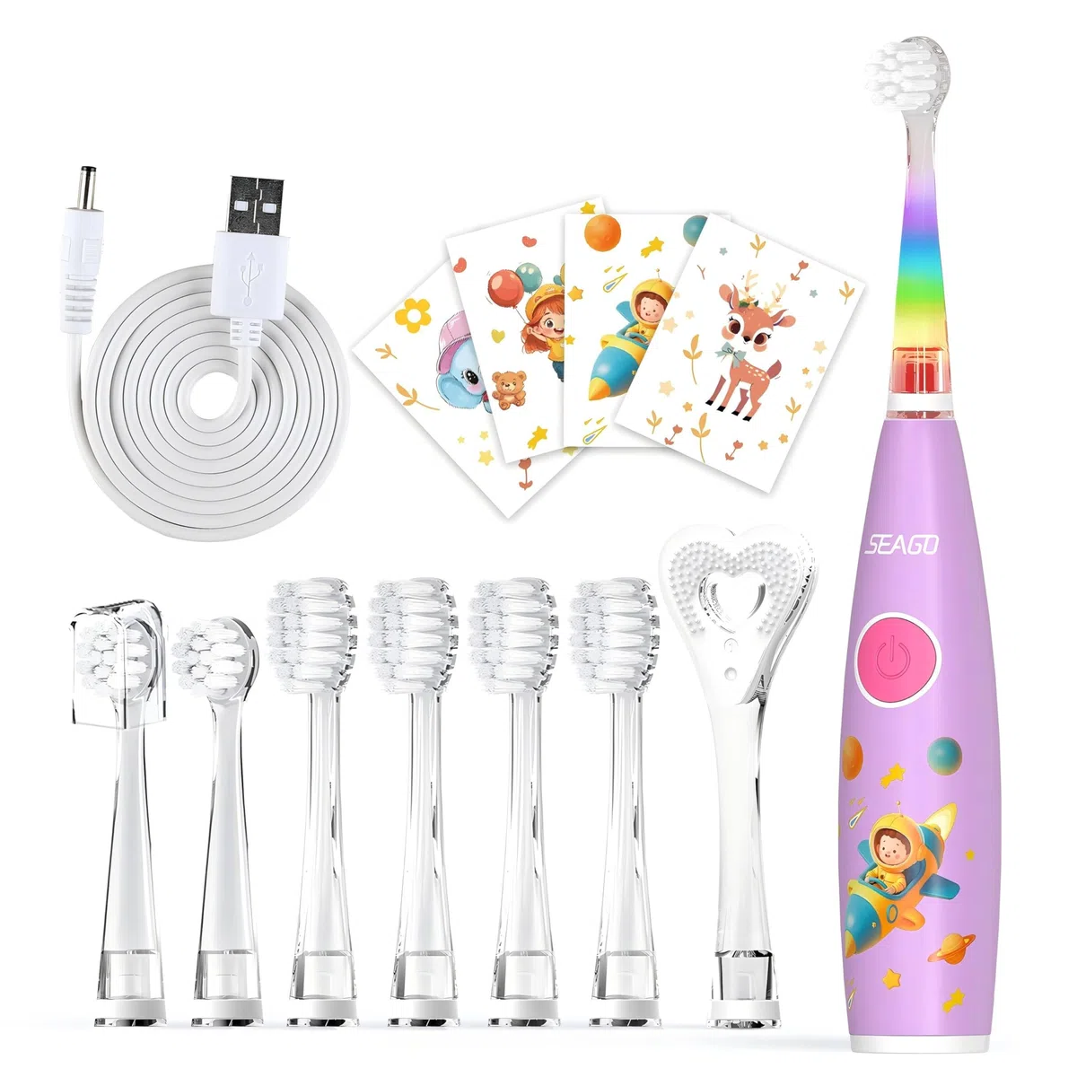 Seago brosse à dent électrique enfant rechargeable, 60 jours d'autonomie, brosse a dent bebe avec lumière LED 8 têtes, autocollants DIY drôles, Idéale pour enfants 0-6 ans, SG-2159, Rosa