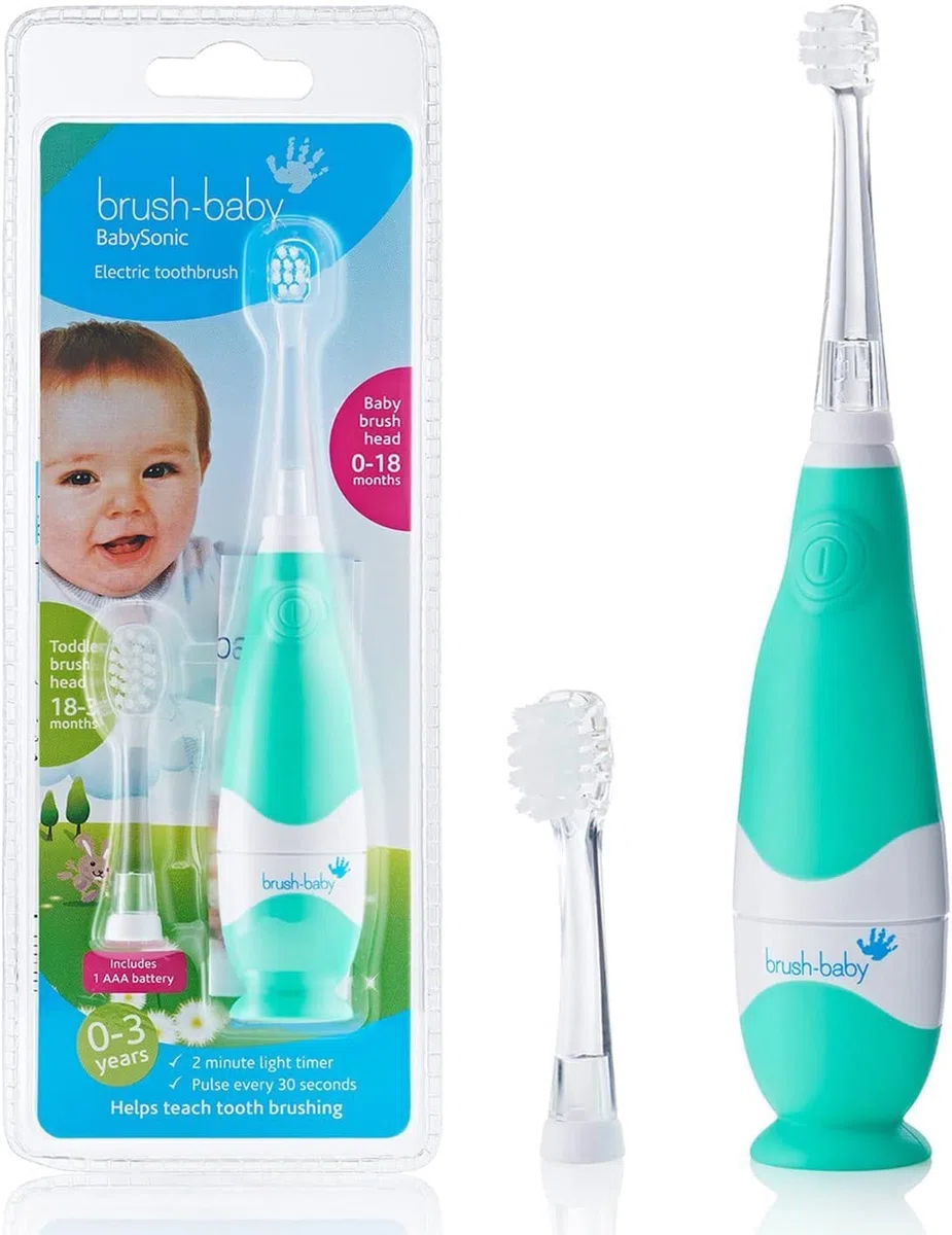 brosse à dents électrique Brush-Baby BabySonic pour bébés/nourrissons | Stade 2 - Premières dents | 0-36 mois | Voyant, vibrations, minuteur 2 min., base à ventouse | Livrée avec 2 têtes et 1 pile AAA