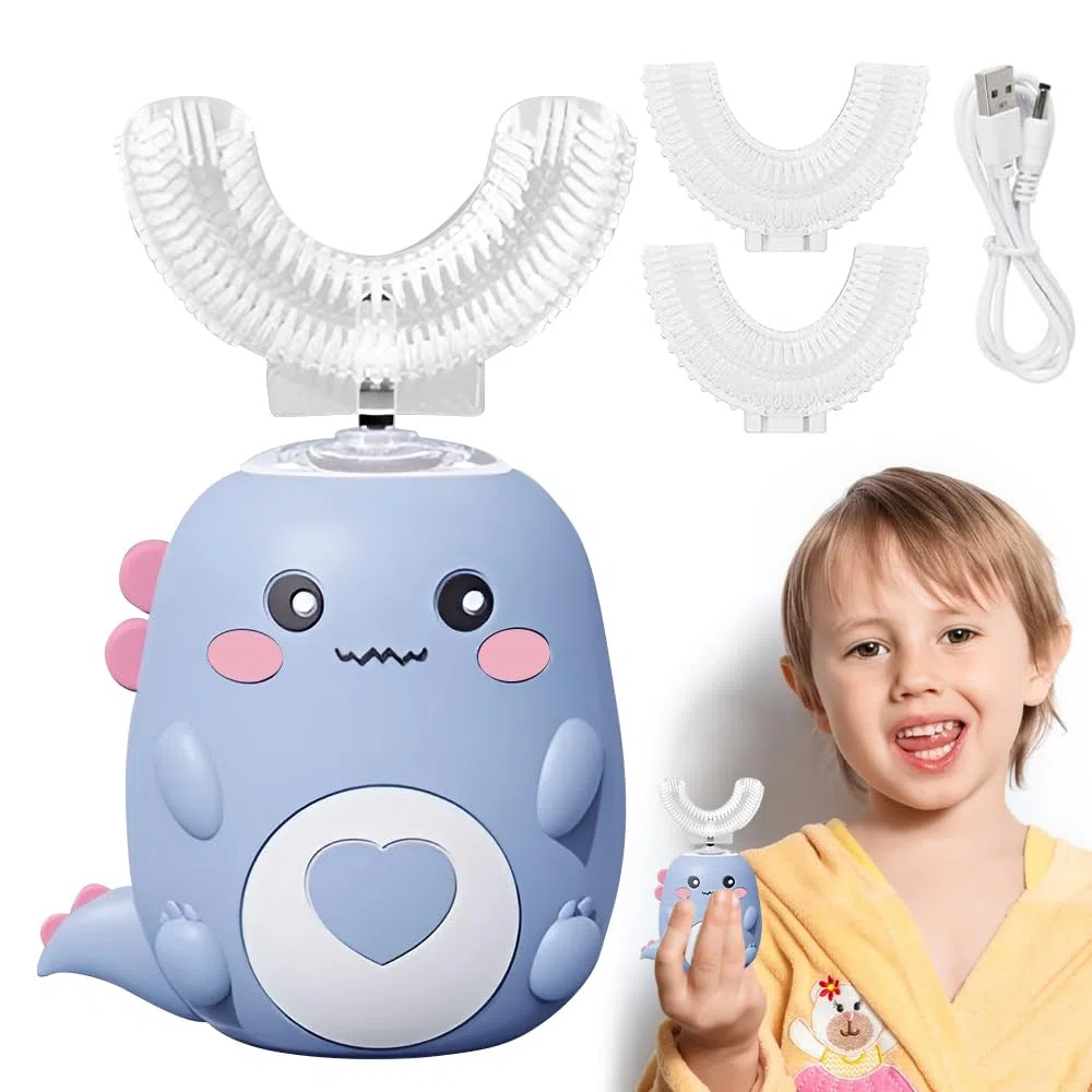 Brosse à dents électrique, pour enfants, garçons et filles, en forme de U, avec 3 têtes de brosse en silicone, étanche IPX7, pour enfants de 2 à 12 ans, bleue