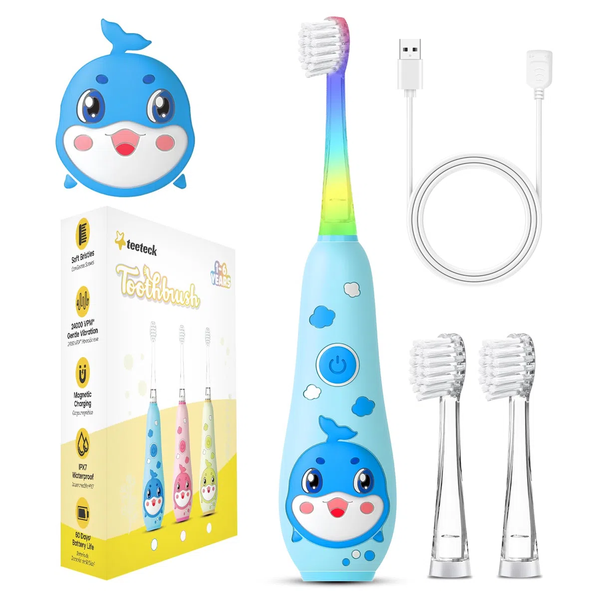 Teeteck Brosse À dents Électrique pour Enfants de 1 À 6 ans, Avec lumière LED Arc-en-ciel, 2 Têtes de Brosse, Câble de Charge USB Magnétique, Étanche IPX7, SG2139,Bleu