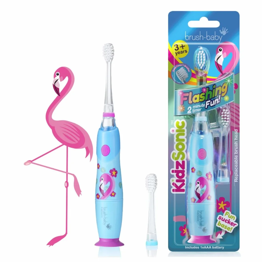 Brush Baby KidzSonic Cepillo de dientes eléctrico para niños pequeños y niños a partir de 3 años - Flamingo