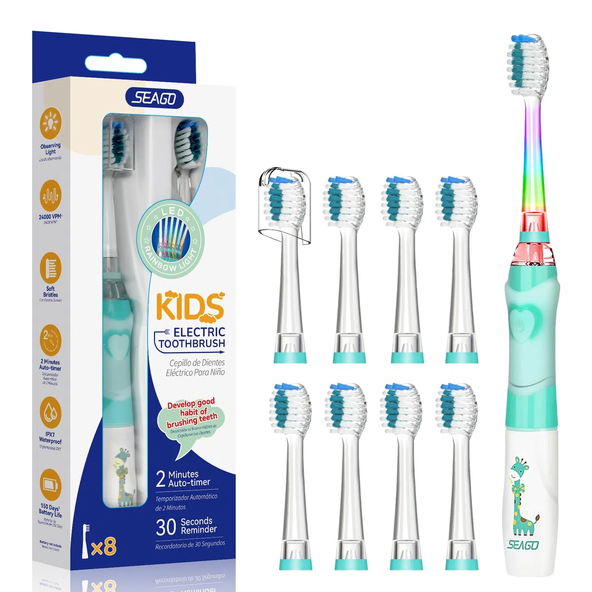 Seago Enfants Brosse À Dents Électrique pour 3-12 Ans avec Minuteur Intelligente et Lampes à LED de Couleur et 8 Douces Têtes de Brosse pour Kids Filles et Garçons SGEK6/SG977 (Vert FR)