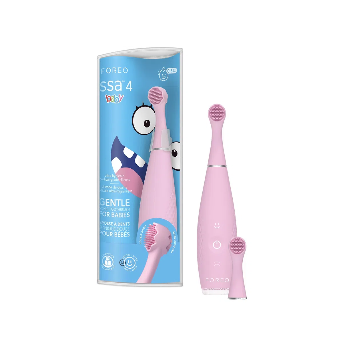 FOREO ISSA 4 Baby - Brosse a dent bebe sonique en silicone: poils double-face, smiley ludique, massage gencives - Brosse à dent électrique, 12 mois, batterie 240 jours, idéal voyage, Pearl Pink