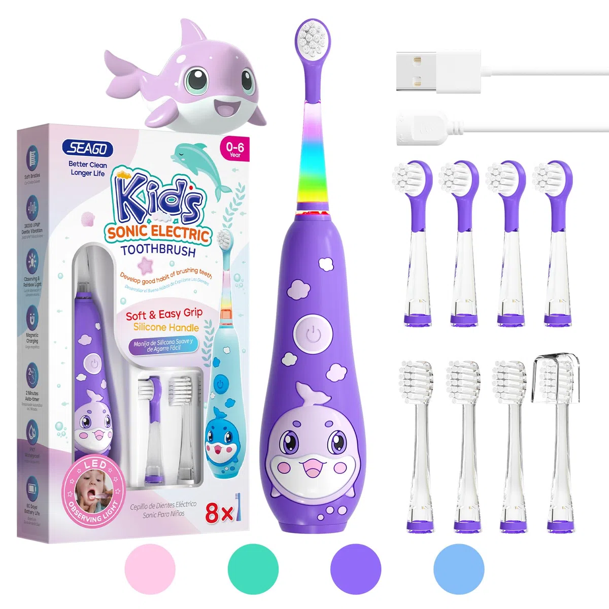 Seago recharge brosse a dent electrique enfant, brosse a dent bebe avec lumière LED 8 têtes, 60 jours d'utilisation, minuteur et étanche IPX7, pour 2 ans à 6 ans, SG2139, Rose (Violet)